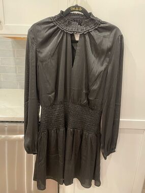 Steve Madden Women's Black Smocked Waist Long Sleeve Dress with Keyhole